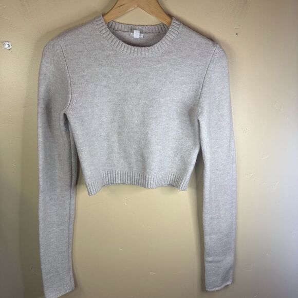 Garage Womens Size Medium Oatmeal Cropped Crew Neck Sweater Long Sleeve Trendy - Picture 1 of 6